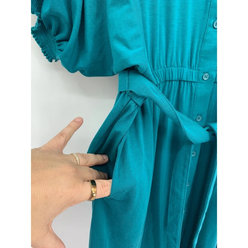 Garnet Hill Dress Womens Large Teal Puff Sleeve Belted Pockets Fall Soft Cozy